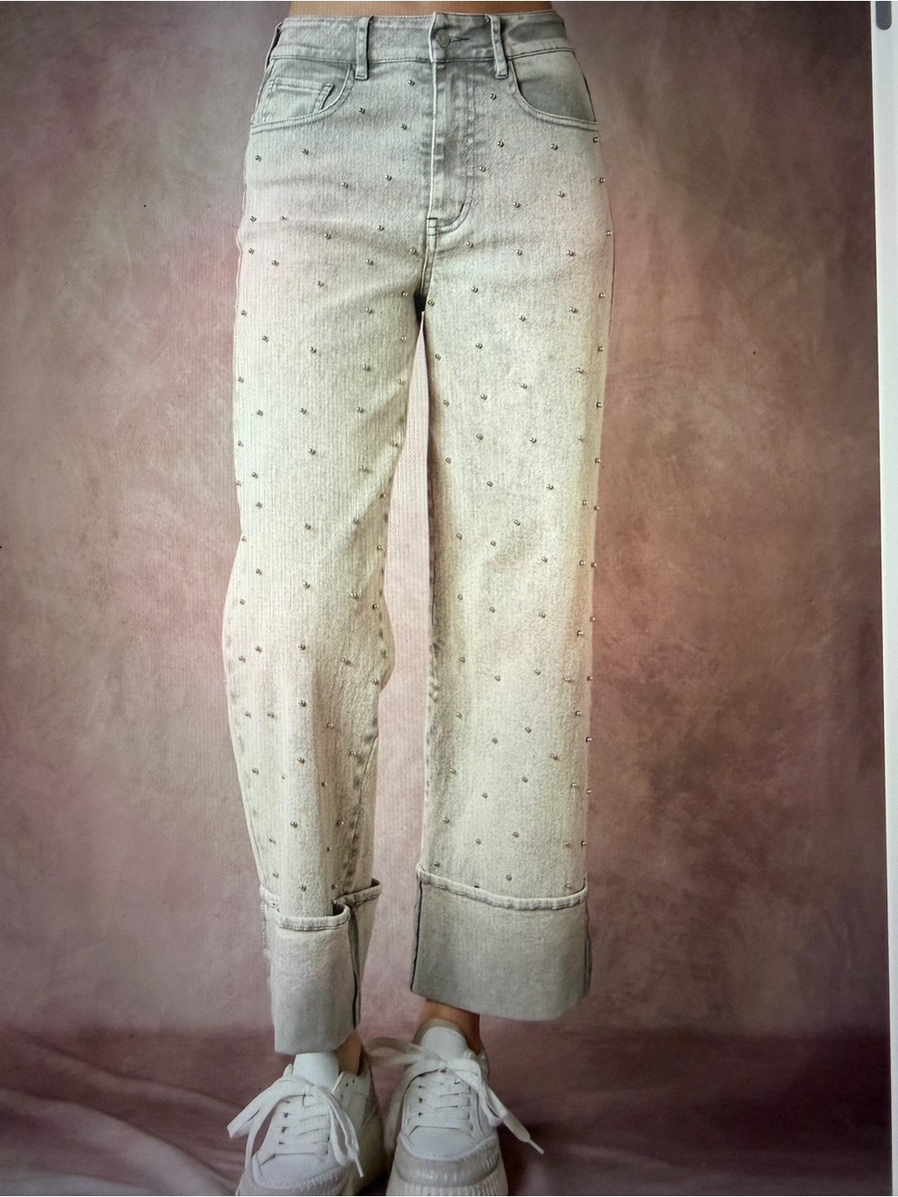 Blue B Embellished studded Light Grey Boyfriend Jeans. Size large